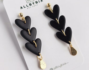 Black Handmade Polymer Clay Earrings, Minimalist Dangle hearts , Lightweight Modern Earrings, Gold Accent Jewelry, Gift for Her