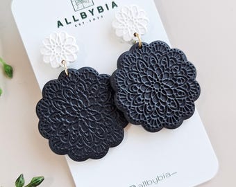 Black and white Mandala Earrings: Lightweight Polymer Clay Dangle Earrings