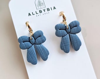 Blue Bow Polymer Clay Earrings: Lightweight Dangle Statement Earring
