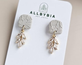 Beige Polymer Clay Earrings, CZ Dangle, Lightweight Handmade textured Jewelry