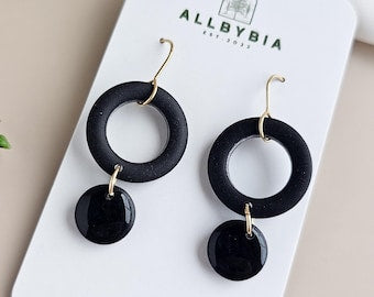 Black Polymer Clay Dangle Earrings: Lightweight Handmade Jewelry