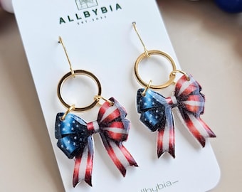 Americana Bow Dangle Earrings, Red White Blue, Polymer Clay, 4th of July Style