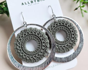 Black, green, navy blue textured Polymer Clay Earrings: Gold Hoop Statement Earrings
