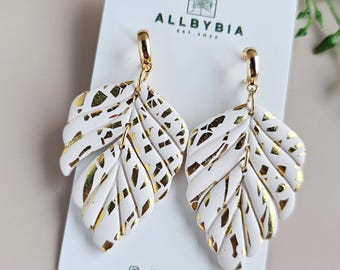 Black & Gold Leaf Polymer Clay Dangle Earrings, Handmade