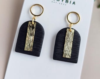 Black Polymer Clay Dangle Earrings, Gold Accent, Lightweight Statement Earrings