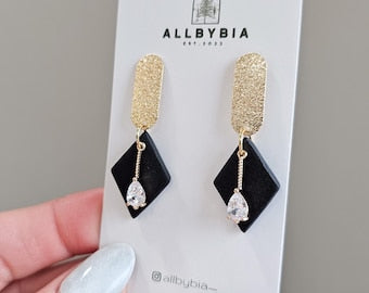 Black Polymer Clay Earrings with Gold Accents Handmade Lightweight Dangle Earrings  Modern Minimalist Statement Jewelry Everyday Wear