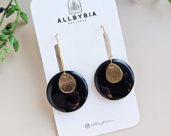 Black Clay and Resin Hoop Earrings: Translucent Polymer Clay Dangles