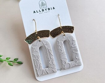 Beige Polymer Clay Earrings, arch Dangle Lightweight Handmade textured jewelry